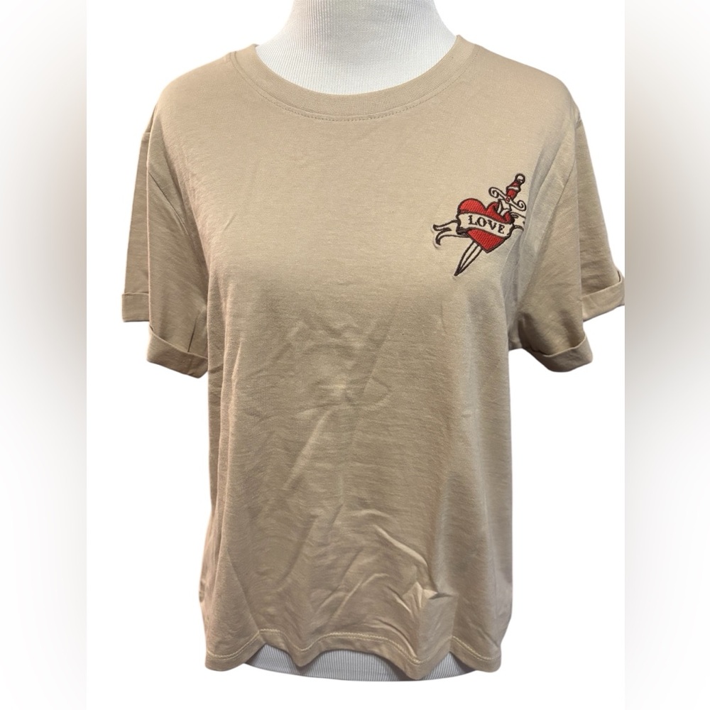 Tan T-Shirt with Heart and Dagger Design